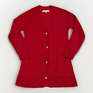 LOFT Red Cardigan Sweater Rhinestone Buttons Size Small Soft Christmas Holiday